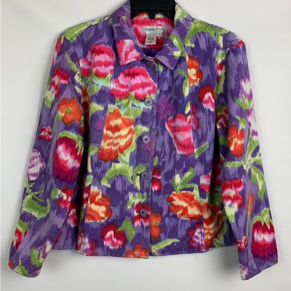 Coldwater Creek Floral Cotton Jacket M Purple NWOT Colorful Watercolor Spring